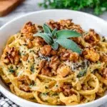 Butternut squash pasta with roasted squash, fresh sage, Parmesan cheese, and toasted walnuts served on a rustic plate on a white marble kitchen counter.