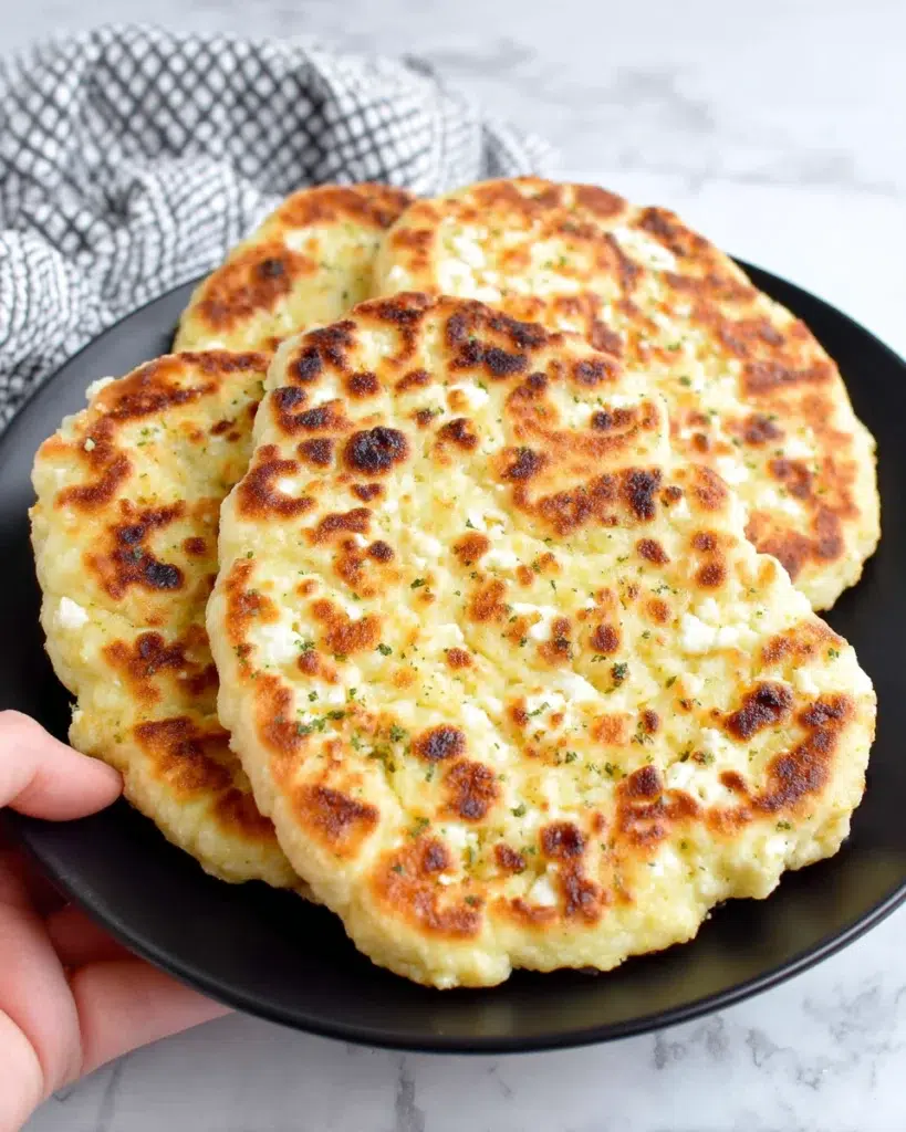 Homemade cottage cheese flatbread with lightly golden toasted spots and a soft tender center, served on a white plate over a white marble kitchen counter.