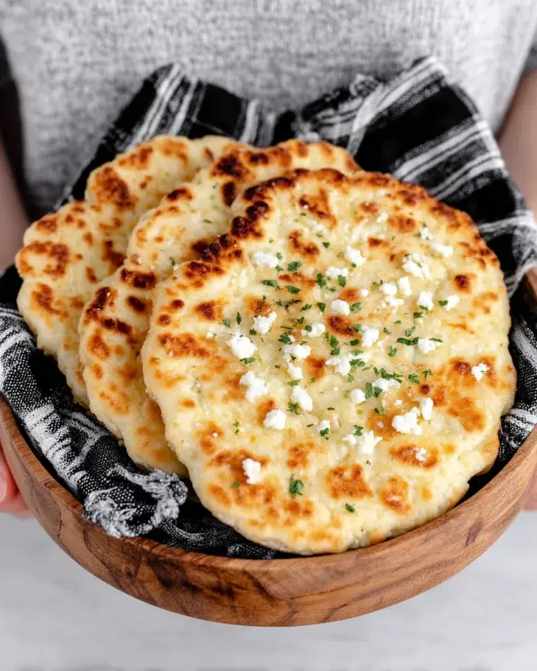 Homemade cottage cheese flatbread with lightly golden toasted spots and a soft tender center, served on a white plate over a white marble kitchen counter.