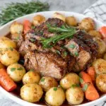 Dutch oven pot roast with tender fall-apart beef chuck roast, baby carrots, baby yellow potatoes, onions, and fresh herbs in a rich savory sauce, served on a white platter.