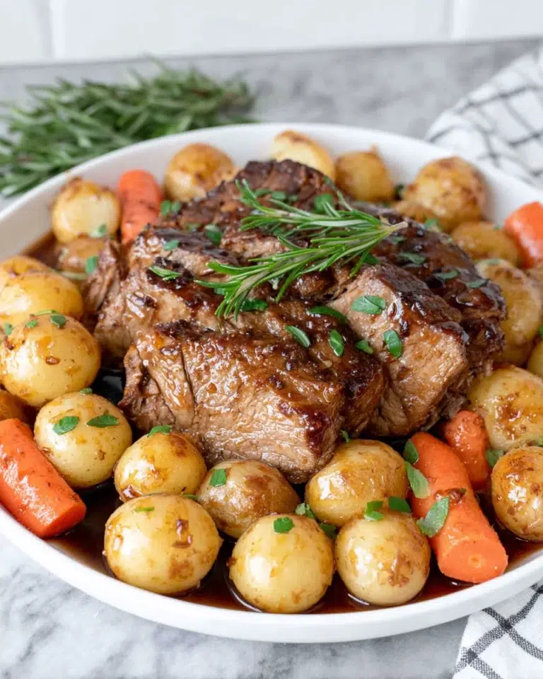 Dutch oven pot roast with tender fall-apart beef chuck roast, baby carrots, baby yellow potatoes, onions, and fresh herbs in a rich savory sauce, served on a white platter.
