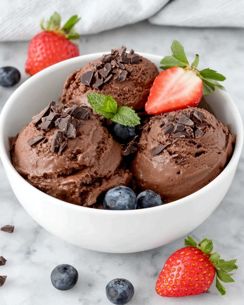 A bowl of creamy homemade chocolate frozen yogurt topped with dark chocolate shavings and fresh strawberries on a white marble countertop in a bright home kitchen.