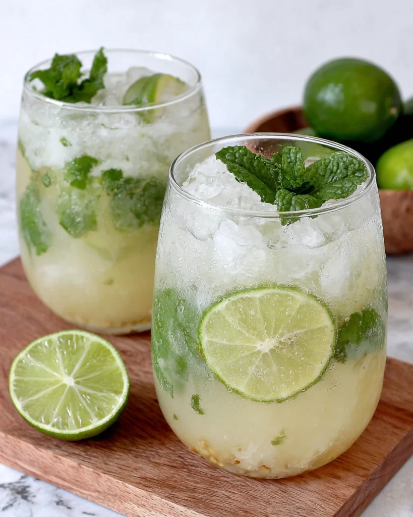A glass of creamy Easy Brazilian Lemonade (Limeade) served over ice with fresh lime slices and mint on a white marble countertop, made with fresh limes, sweetened condensed milk, and cold water in a bright home kitchen.