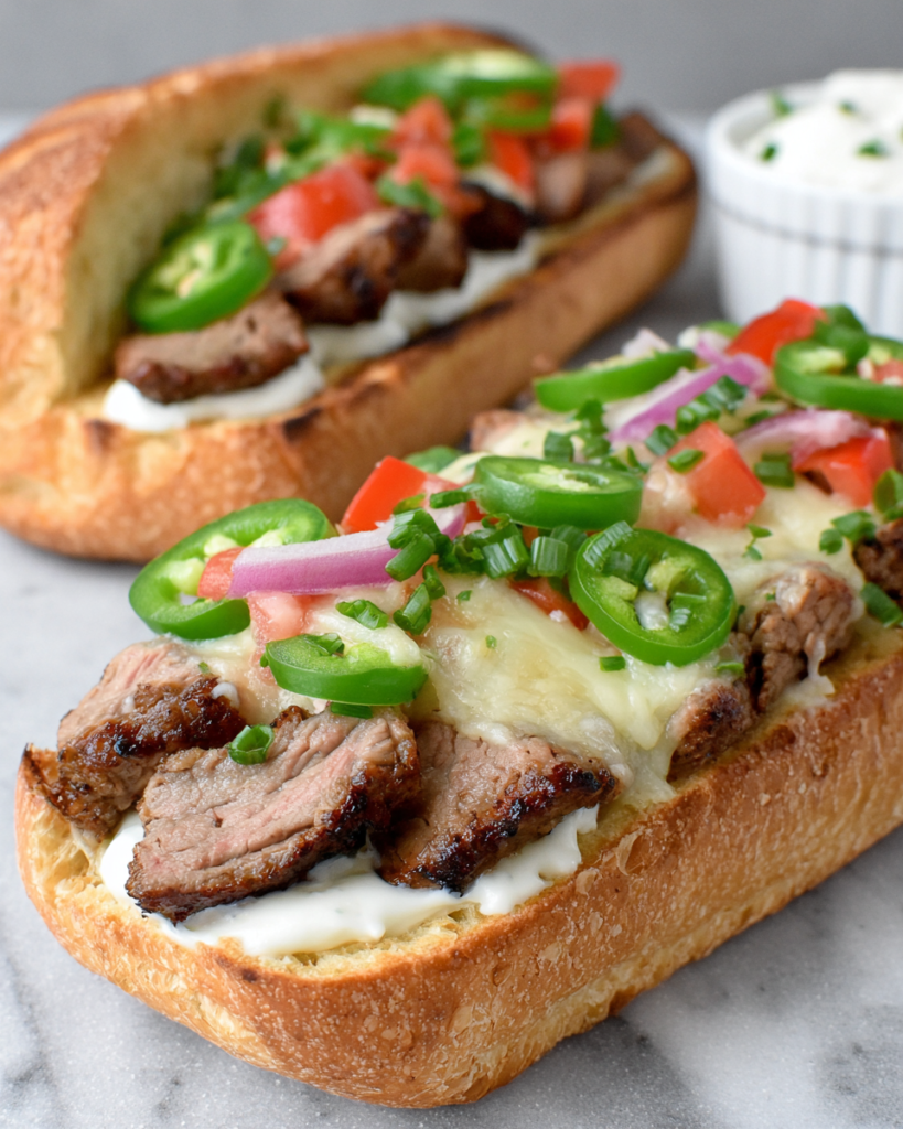 Make this Korean Steak Sandwich with juicy ribeye, gochujang marinade, melted cheddar, jalapeños, peppers, and creamy garlic mayo. A flavorful lunch everyone will love.