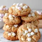Soft gluten-free peanut butter marshmallow cookies with chewy centers, creamy peanut butter flavor, and sweet mini marshmallow pieces arranged on a white marble kitchen counter.