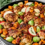 One Pan Autumn Chicken Dinner with golden roasted chicken thighs, sweet potatoes, Brussels sprouts, sliced Fuji apples, shallots, and crispy bacon arranged on a baking sheet.
