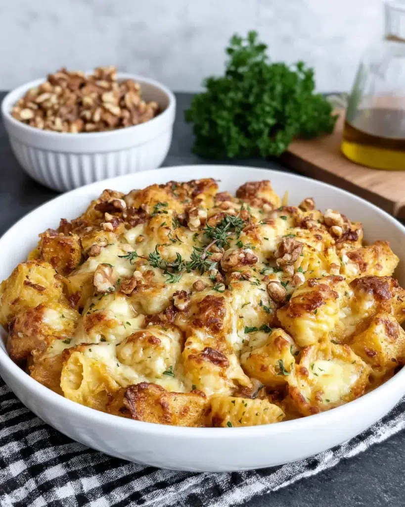 Cheesy pumpkin pasta bake with creamy pumpkin tomato sauce, mushrooms, spinach, melted fontina and Parmesan cheese, topped with toasted walnuts and fresh sage in a white baking dish on a marble kitchen counter.