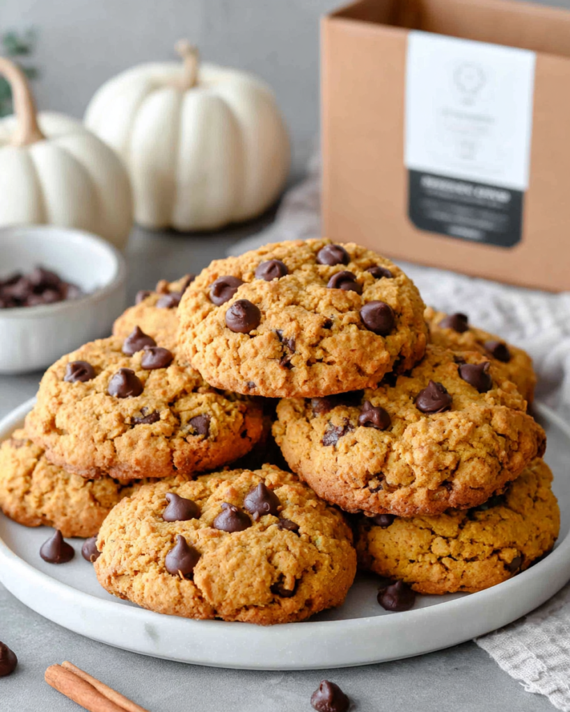 A plate of homemade pumpkin chocolate chip cookies with lightly browned edges and visible milk chocolate chips, arranged on a white marble kitchen counter in natural window light.