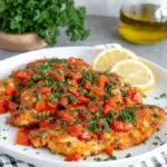 Golden pan-seared tilapia fillets topped with a creamy roasted red pepper and garlic sauce, garnished with fresh parsley and lemon wedges on a white plate in a bright home kitchen with natural lighting.