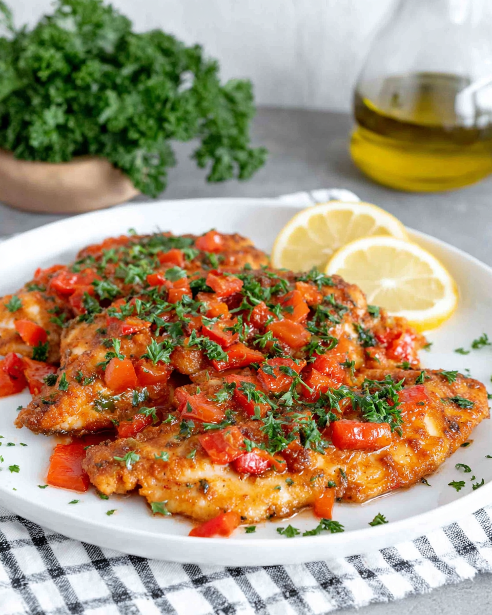 Golden pan-seared tilapia fillets topped with a creamy roasted red pepper and garlic sauce, garnished with fresh parsley and lemon wedges on a white plate in a bright home kitchen with natural lighting.