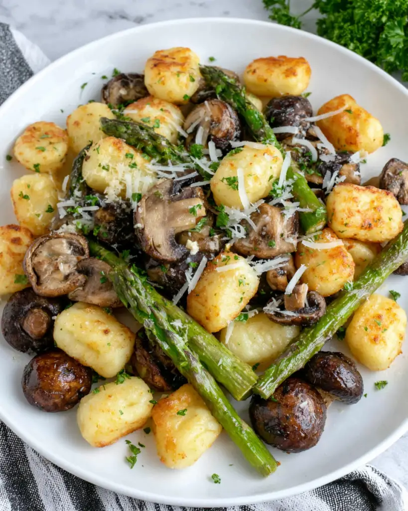 A close-up of sheet pan asparagus mushroom gnocchi with golden roasted gnocchi, browned mushrooms, bright green asparagus, roasted garlic, parsley, lemon, and shaved Parmesan served on a white marble counter.