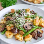 A close-up of sheet pan asparagus mushroom gnocchi with golden roasted gnocchi, browned mushrooms, bright green asparagus, roasted garlic, parsley, lemon, and shaved Parmesan served on a white marble counter.