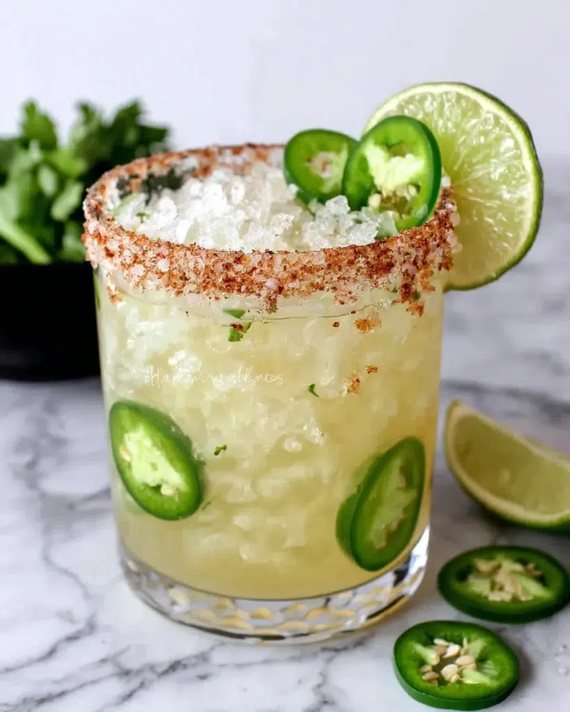 Spicy Margarita in a glass with a chipotle salt rim, fresh lime wedges, jalapeño slices, tequila, and ice on a white marble kitchen counter.