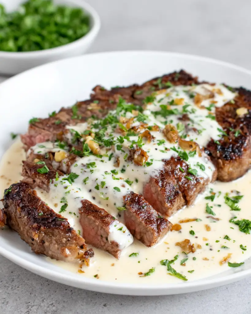 Sliced medium-rare New York strip steak topped with creamy bourbon garlic sauce on a white plate, photographed in natural window light on a white marble kitchen counter.