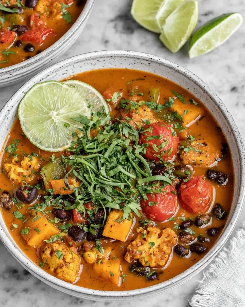 A bowl of sweet potato black bean soup with tender sweet potatoes, black beans, fire-roasted tomatoes, and fresh lime on a wooden board in a home kitchen.