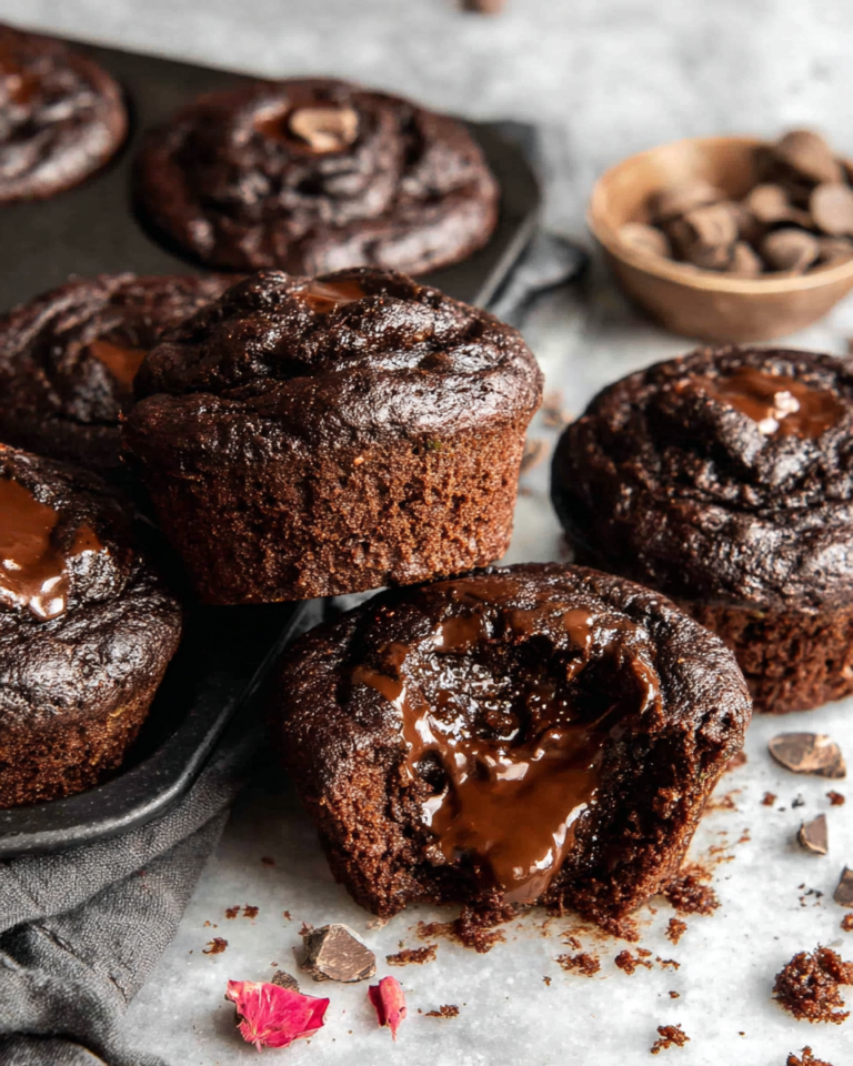 Double Chocolate Muffins with gooey chocolate fudge centers arranged on a white marble kitchen counter, with one muffin cut open to show the rich chocolate filling.