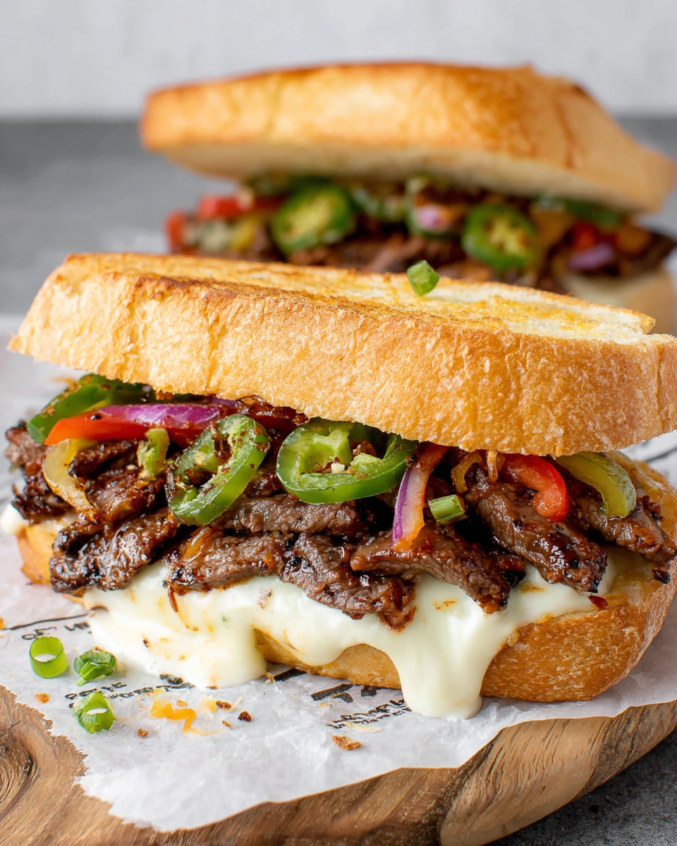 Make this Korean Steak Sandwich with juicy ribeye, gochujang marinade, melted cheddar, jalapeños, peppers, and creamy garlic mayo. A flavorful lunch everyone will love.