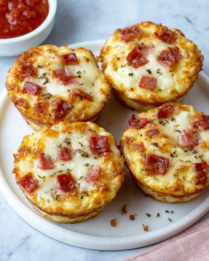 Soft homemade lunchbox pizza muffins with melted mozzarella, mini pepperoni, pizza sauce, and golden-brown tops, arranged on a white marble kitchen counter.