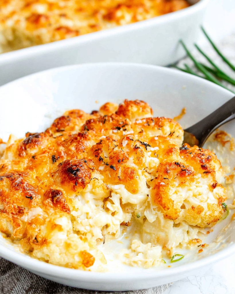 Creamy cauliflower au gratin casserole with tender cauliflower, melted Gruyere cheese, green onions, and a golden-brown cheesy topping in a white baking dish.
