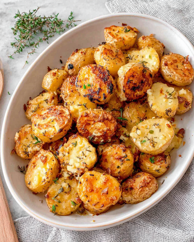Garlic butter potatoes with golden crispy edges and tender centers, roasted with garlic, butter, thyme, rosemary, and fresh parsley on a white plate.