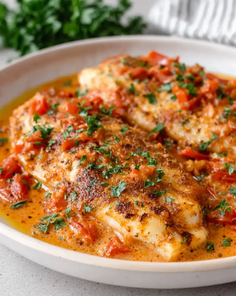 Golden pan-seared tilapia fillets topped with a creamy roasted red pepper and garlic sauce, garnished with fresh parsley and lemon wedges on a white plate in a bright home kitchen with natural lighting.