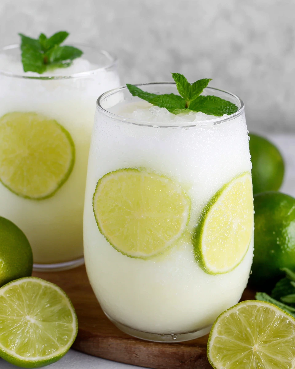 A glass of creamy Easy Brazilian Lemonade (Limeade) served over ice with fresh lime slices and mint on a white marble countertop, made with fresh limes, sweetened condensed milk, and cold water in a bright home kitchen.