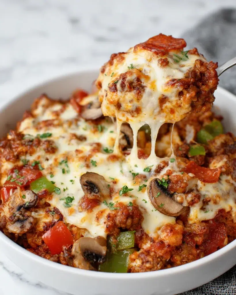 Low Carb Crustless Pizza Bowl with Italian sausage, mushrooms, green bell pepper, onion, marinara sauce, melted Italian cheese, and pepperoni served in a bowl on a white marble kitchen counter.