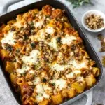Cheesy pumpkin pasta bake with creamy pumpkin tomato sauce, mushrooms, spinach, melted fontina and Parmesan cheese, topped with toasted walnuts and fresh sage in a white baking dish on a marble kitchen counter.