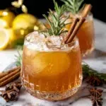 Vanilla Cinnamon Maple Whiskey Sour in a clear cocktail glass with a cinnamon stick and rosemary garnish, served on a white marble counter in natural window light.