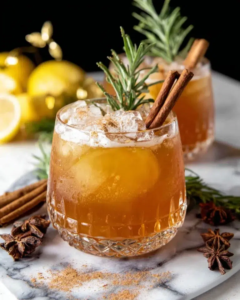 Vanilla Cinnamon Maple Whiskey Sour in a clear cocktail glass with a cinnamon stick and rosemary garnish, served on a white marble counter in natural window light.