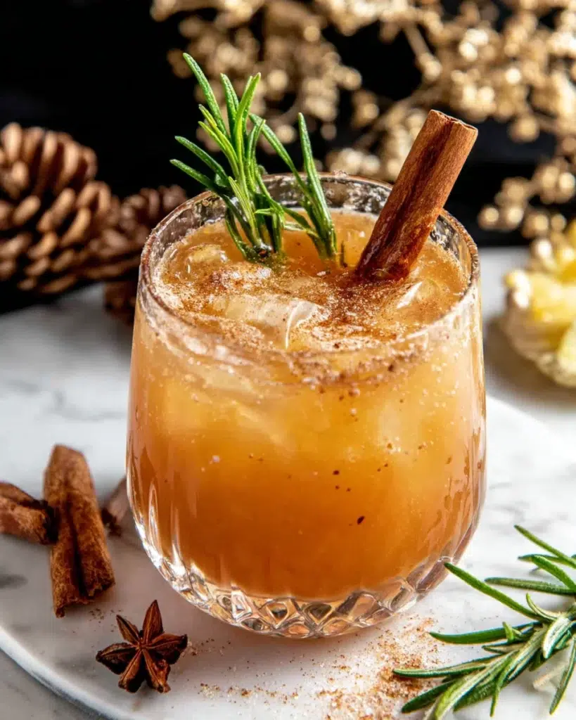 Vanilla Cinnamon Maple Whiskey Sour in a clear cocktail glass with a cinnamon stick and rosemary garnish, served on a white marble counter in natural window light.