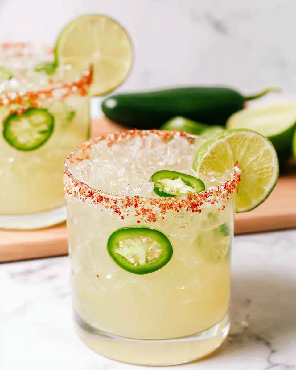Spicy Margarita in a glass with a chipotle salt rim, fresh lime wedges, jalapeño slices, tequila, and ice on a white marble kitchen counter.
