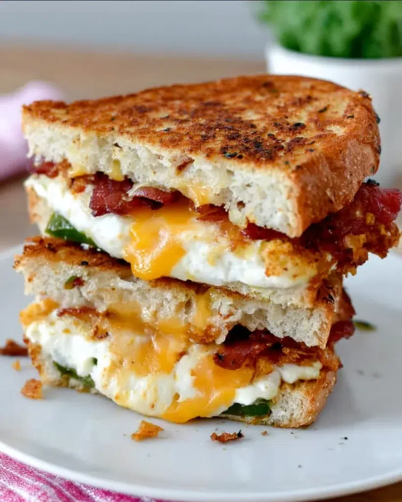 Jalapeno Popper Sandwich with cream cheese-filled jalapenos, crispy bacon, melted cheddar and Monterey Jack cheese on golden toasted Italian bread.