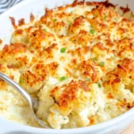 Creamy cauliflower au gratin casserole with tender cauliflower, melted Gruyere cheese, green onions, and a golden-brown cheesy topping in a white baking dish.