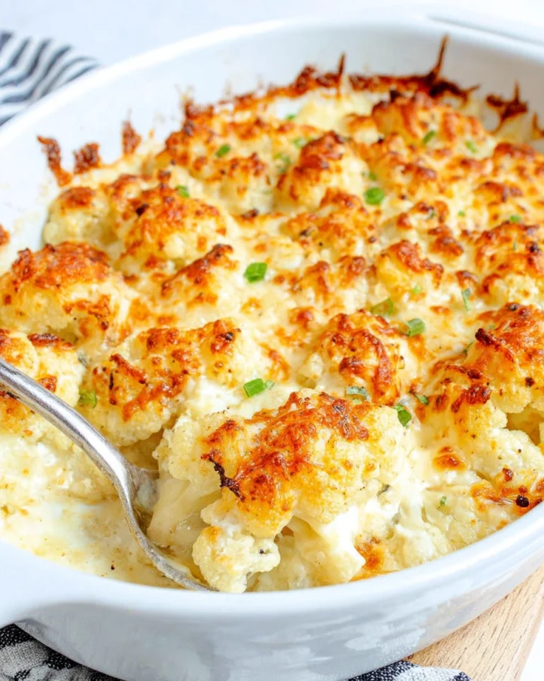 Creamy cauliflower au gratin casserole with tender cauliflower, melted Gruyere cheese, green onions, and a golden-brown cheesy topping in a white baking dish.