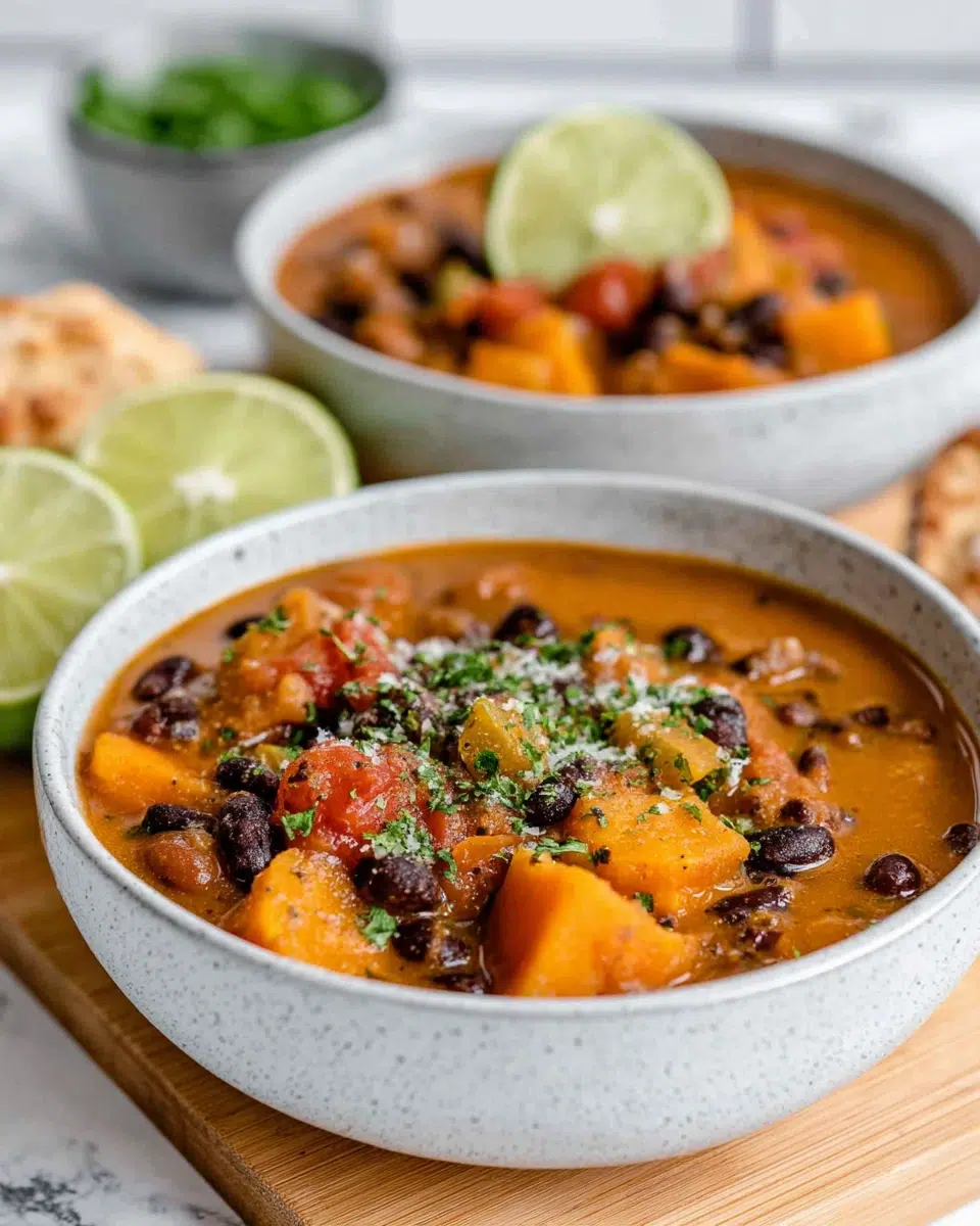 A bowl of sweet potato black bean soup with tender sweet potatoes, black beans, fire-roasted tomatoes, and fresh lime on a wooden board in a home kitchen.