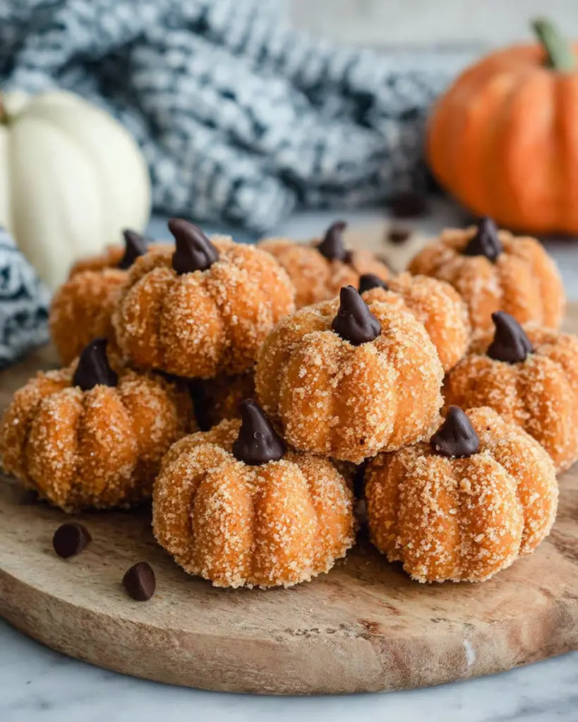 Pumpkin Cheesecake Truffles coated in sugar and decorated to look like small pumpkins with chocolate chip stems.
