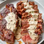 Sliced medium-rare New York strip steak topped with creamy bourbon garlic sauce on a white plate, photographed in natural window light on a white marble kitchen counter.
