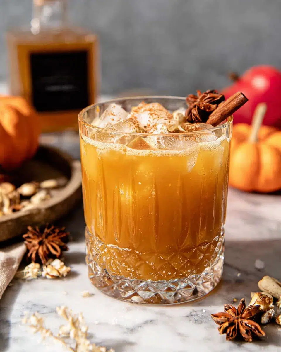 Spicy Bourbon Pumpkin Punch in a glass over ice, made with pumpkin puree, maple syrup, bourbon, orange juice, pumpkin pie spice, and optional ginger beer, photographed on a white marble kitchen counter.