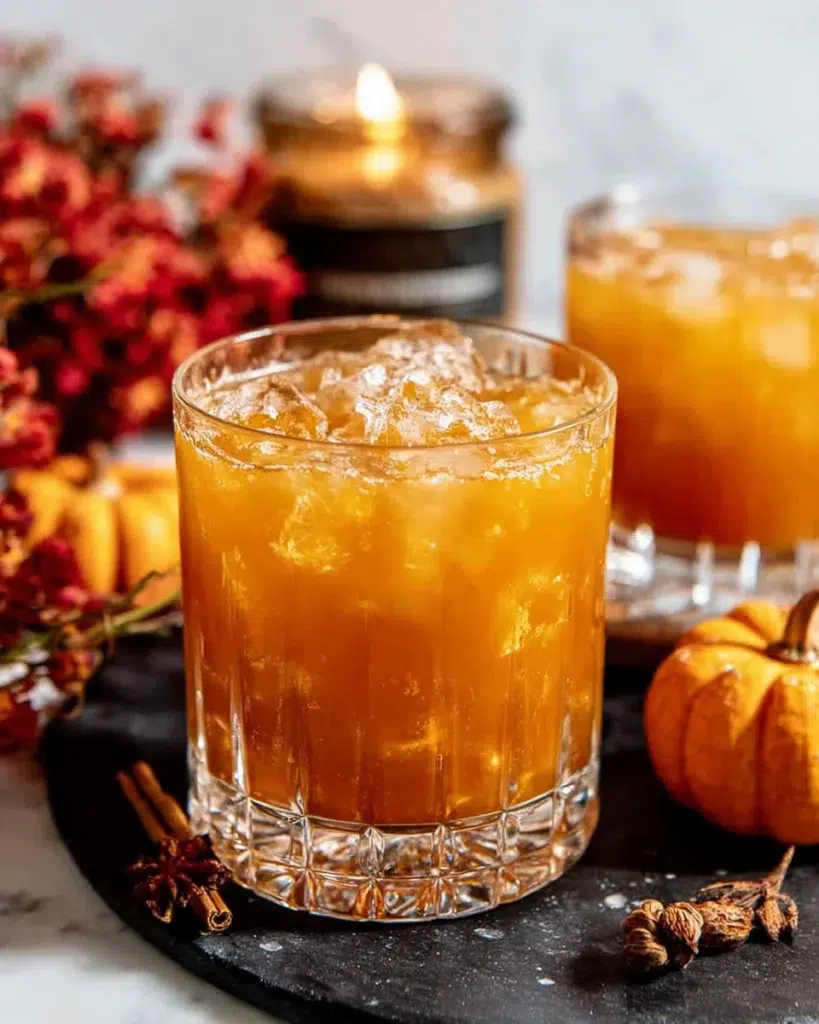 Spicy Bourbon Pumpkin Punch in a glass over ice, made with pumpkin puree, maple syrup, bourbon, orange juice, pumpkin pie spice, and optional ginger beer, photographed on a white marble kitchen counter.