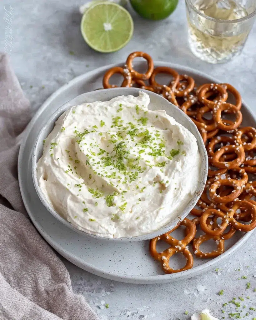Creamy Margarita Dip with Salted Pretzels served in a bowl, topped with fresh lime zest and surrounded by crunchy salted pretzels on a white marble kitchen counter.