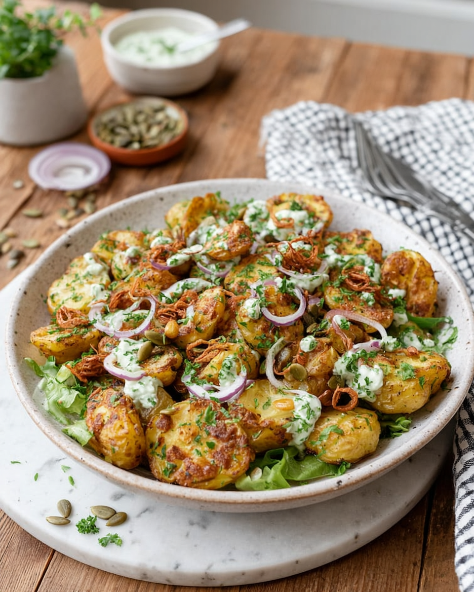 A bowl of Viral Green Crispy Potato Salad made with crispy roasted baby potatoes coated in a creamy green herb dressing, topped with fresh parsley, dill, crispy fried shallots, and toasted pumpkin seeds on a white marble countertop in natural window light.