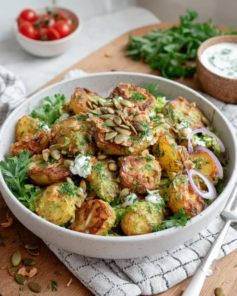 A bowl of Viral Green Crispy Potato Salad made with crispy roasted baby potatoes coated in a creamy green herb dressing, topped with fresh parsley, dill, crispy fried shallots, and toasted pumpkin seeds on a white marble countertop in natural window light.