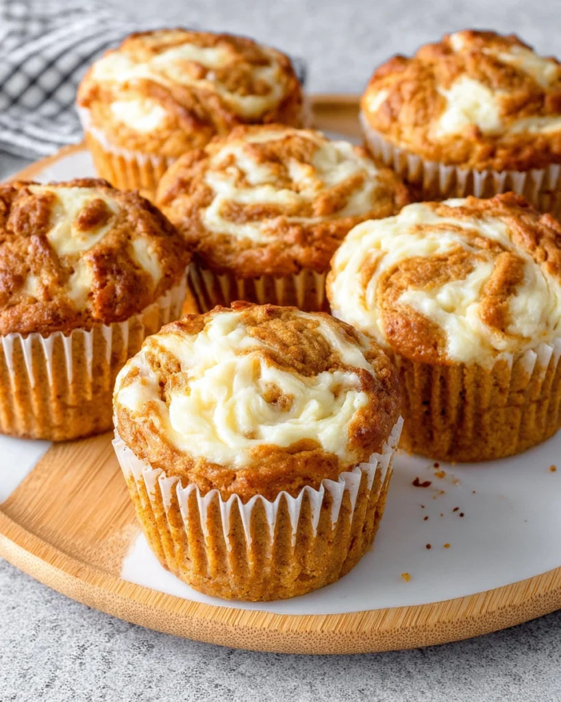 18 homemade swirled pumpkin cream cheese muffins on a white marble counter, featuring moist pumpkin muffins topped with sweet cream cheese swirls and natural homemade styling.