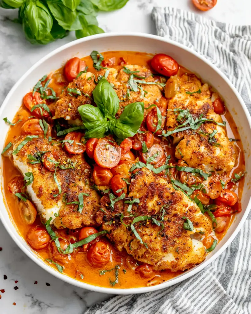 Close-up of tender cod fillets served in a glossy tomato garlic sauce with cherry tomatoes, fresh basil, and lemon on a white marble kitchen counter.