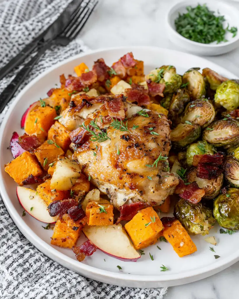 One Pan Autumn Chicken Dinner with golden roasted chicken thighs, sweet potatoes, Brussels sprouts, sliced Fuji apples, shallots, and crispy bacon arranged on a baking sheet.
