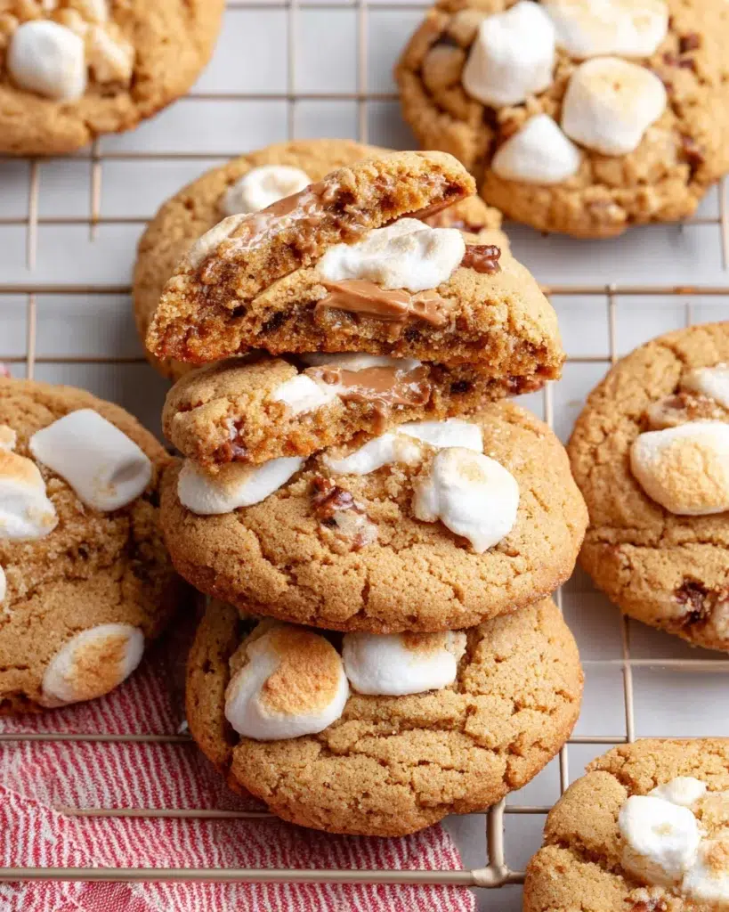 Soft gluten-free peanut butter marshmallow cookies with chewy centers, creamy peanut butter flavor, and sweet mini marshmallow pieces arranged on a white marble kitchen counter.