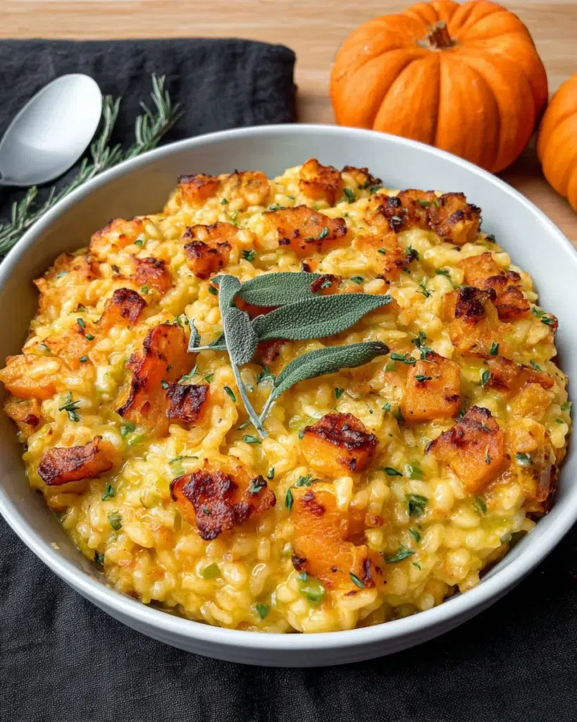 Creamy baked pumpkin risotto served in a bowl, topped with crispy sage, grated Parmesan, and brown butter on a white marble kitchen counter.