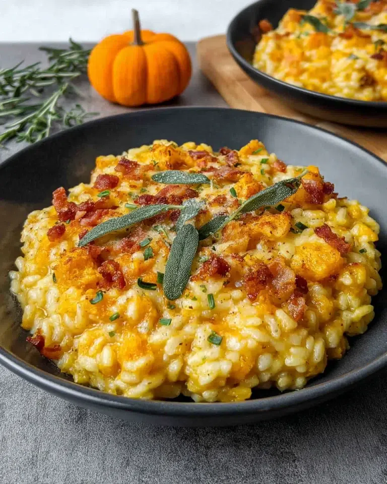 Creamy baked pumpkin risotto served in a bowl, topped with crispy sage, grated Parmesan, and brown butter on a white marble kitchen counter.