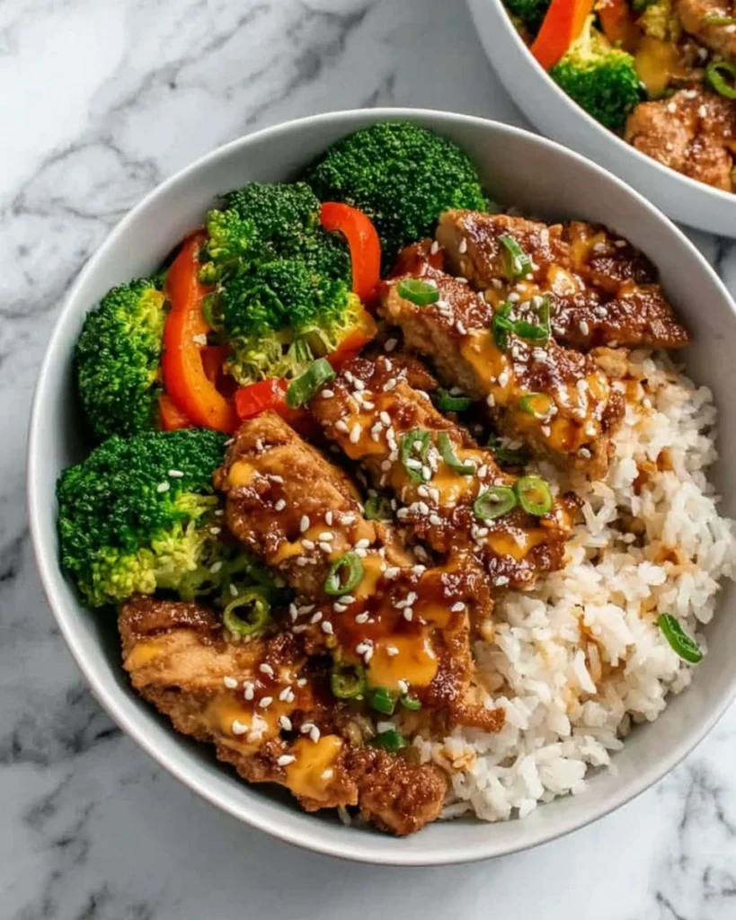Healthy Sticky Chicken Bowls served with tender glazed chicken, brown rice, broccoli, bell peppers, and sesame seeds in a white bowl for a quick and healthy dinner recipe.